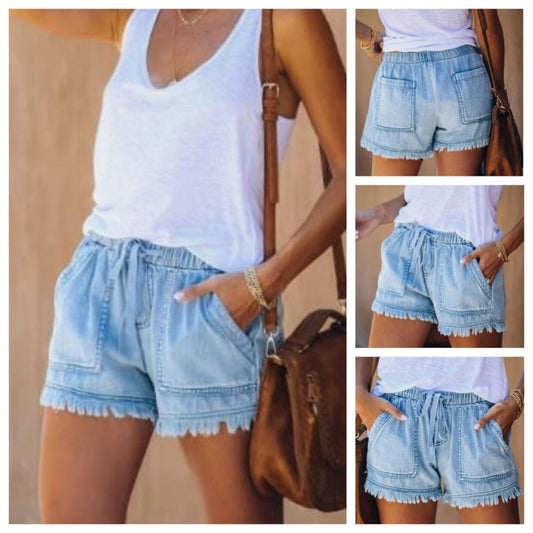 🌞2025 Sommar Ny 🌸 High Waist Drawstring Distressed Denim Shorts
